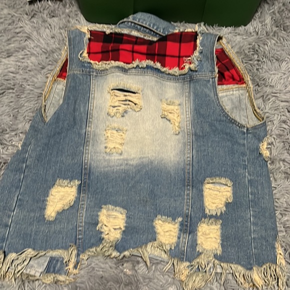 UNIF Distressed Denim Vest with buffalo plaid M medium - Picture 5 of 5